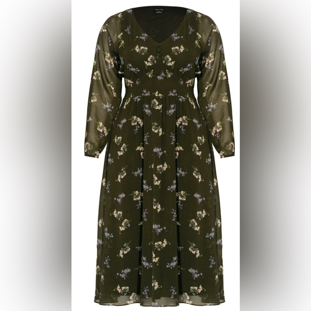 City Chic Olive Floral Maxi Dress Military Floral Plus Size 14 XS
